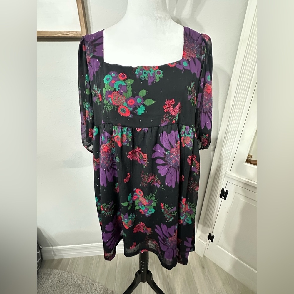 Modcloth Black Floral Square-Neck Babydoll Blouse with Purple & Green Accents